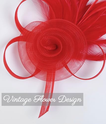 Red Fascinators Hats for Women Tea Party & Wedding Headwear - WOVOWOVO