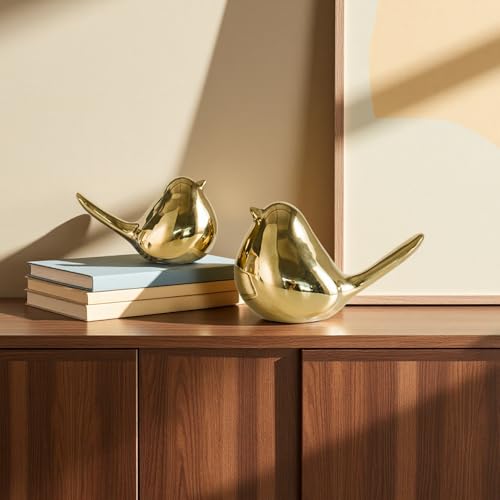 Ceramic Bird Figurines Set of 2 - Chubby Gold Statues for Home Decor