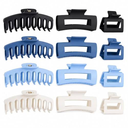 12 Pack Matte Hair Claw Clips Set - Black, Deep Blue, Light Blue, White