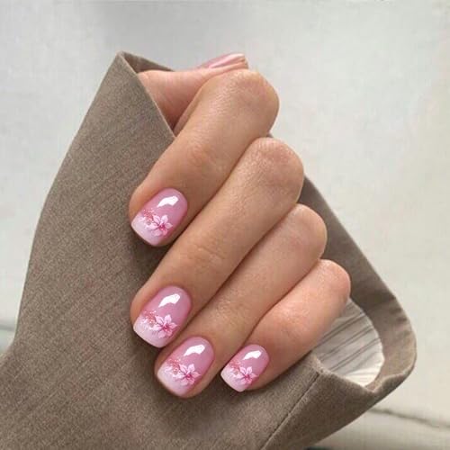 Pink Short Square Press On Nails with Flower Designs - 24 Pack