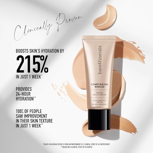 bareMinerals Complexion Rescue Tinted Moisturizer with SPF 30, Hydrating Tinted Mineral Sunscreen with Hyaluronic Acid, Sheer-to-Light Coverage, Multi-tasking, Skincare Infused Makeup