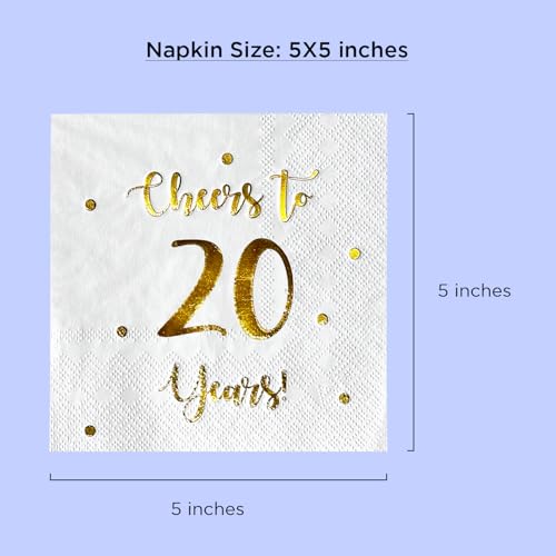 Cheers to 20 Years Cocktail Napkins - 50-Pack 3-Ply White Napkins