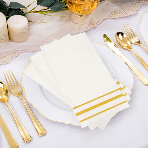 100 Pack Gold Trimmed Disposable Paper Napkins – Soft & Absorbent Dinner Towels