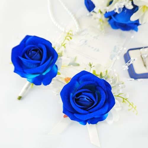 Royal Blue Silk Rose Boutonniere for Men - Wedding & Prom
