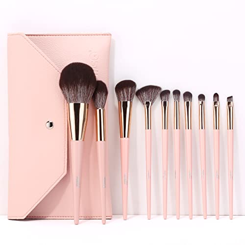 MSQ 10-Piece Makeup Brush Set with Bag - Professional Synthetic Face & Eye Brushes (Pink)