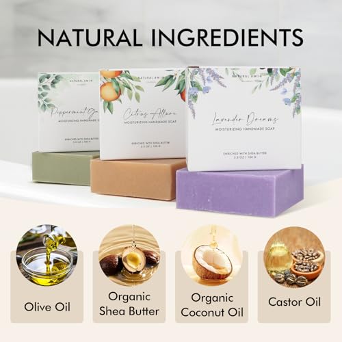 Natural Amor Handmade Soap Set with Lavender, Peppermint & Citrus - 3 x 3.5oz Gift Boxes