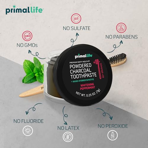Primal Life Organics Dirty Mouth Toothpowder - Vegan Charcoal Powder with Essential Oils, 0.25oz