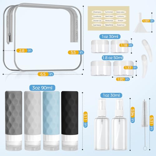 Silevoler Gray 16-Pack Travel Bottles Set TSA Approved Leakproof Refillable Toiletry Containers