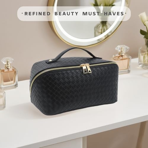 JINYIBAGS Black Large Travel Makeup Bag with Waterproof PU Leather & Double Zipper - Organizer for Women