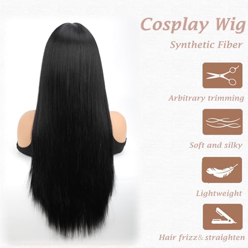 28-Inch Black Synthetic Wig with Bangs - Heat Resistant, Glueless