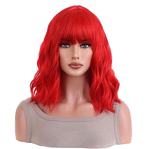 ANESHE Red Short Curly Wig with Bangs for Women - Wavy Bob Style, Shoulder Length, Heat-Resistant Synthetic Fiber, Daily & Party Use