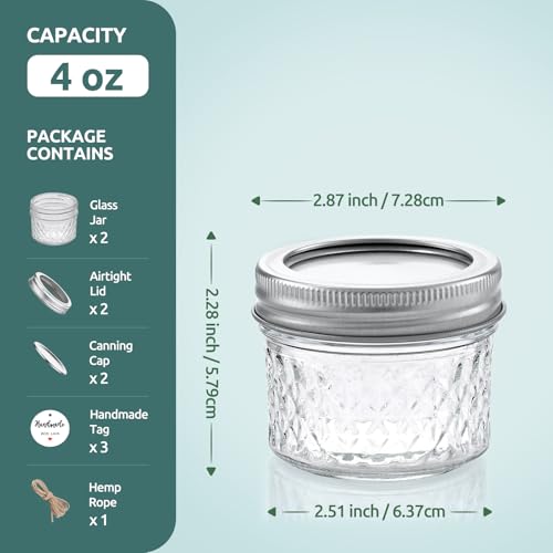 Tecohouse 4 oz Mini Mason Jars - Airtight Glass Containers, 2 Pack