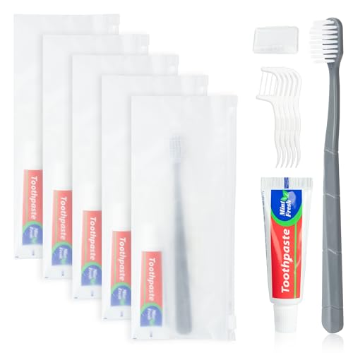 Kocpudu 5-Pack Travel Toothbrush & Toothpaste Kits with Floss Picks & Case