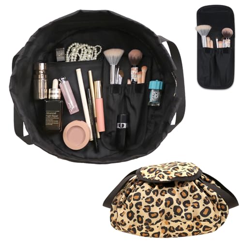 SUMBABO Leopard Drawstring Makeup Bag with Brush Holder, Travel Cosmetic Organizer