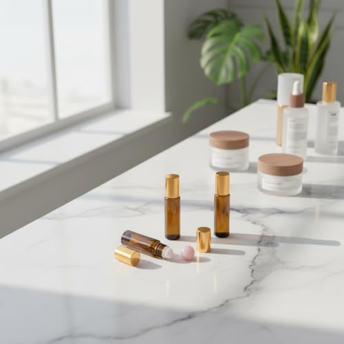 4 Pack Rose Quartz Roller Bottles - 10ml Amber Glass Essential Oil Kit