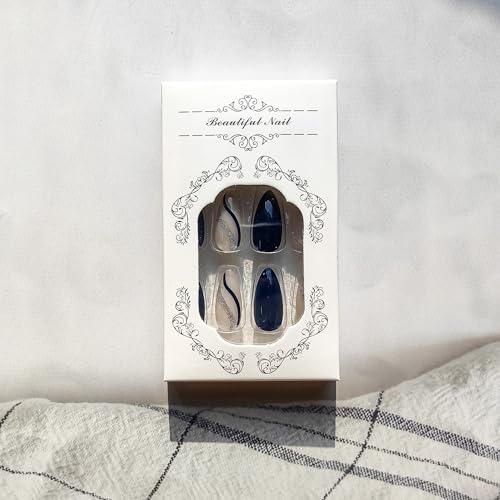 Swirl Blue Press-On Nails - Medium Length Almond Fake Nails with Glitter and Designs for Women