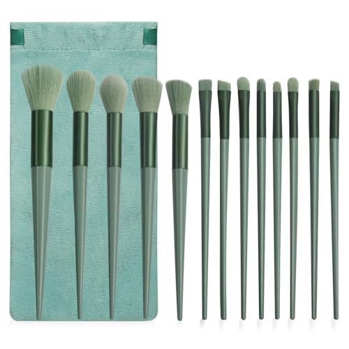 SruidyLady Green Makeup Brush Set 13 Pcs - Synthetic Face & Eye Brushes