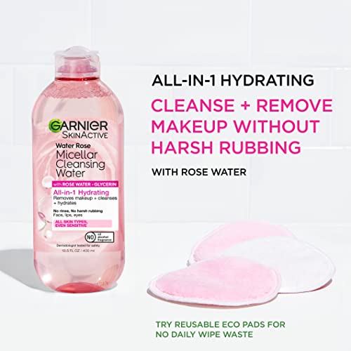 Garnier Micellar Water with Rose & Glycerin, 13.5 Fl Oz (Pack of 2) - Hydrating Facial Cleanser & Makeup Remover for All Skin Types