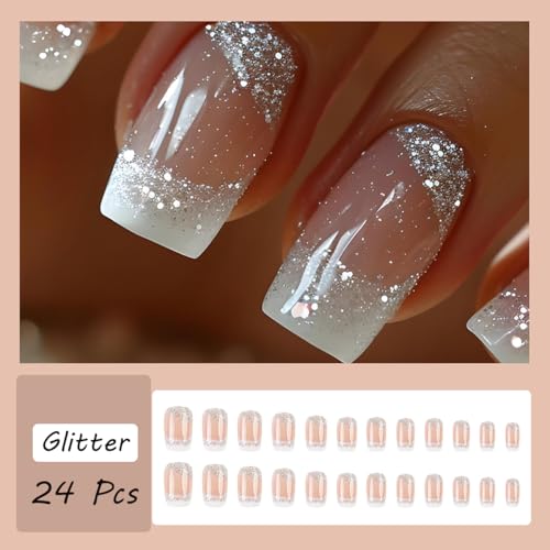 24pcs French Tip Press On Nails with Glitter - Medium Length