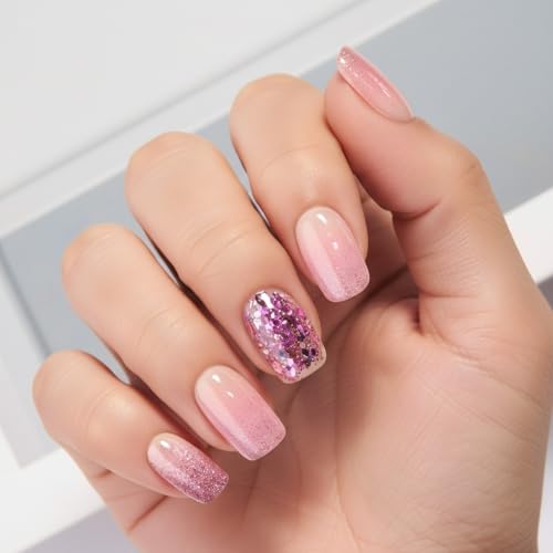 CurvLife Medium Square Press On Nails - Pink Diamond 3D Crystal Set