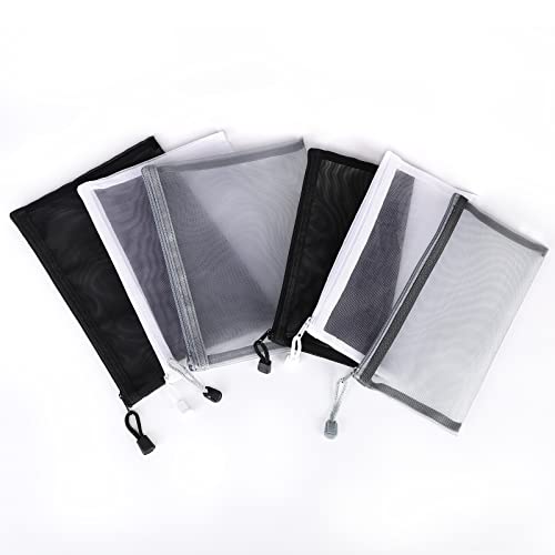 12-Pack Nylon Mesh Pouches - Zipper Makeup Bags in A5+B6 Sizes (Black, White, Grey)