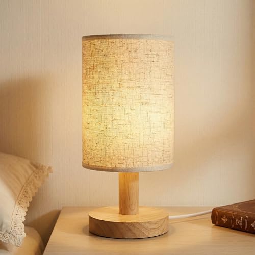 USB Powered Minimalist Bedside Table Lamp with Wood Base & Fabric Shade