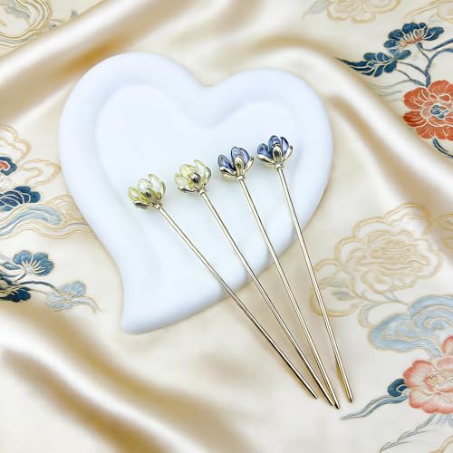 Milovgvset 4PCS Gold Lotus Hair Sticks for Buns Vintage Chinese Hairpins Women Girls