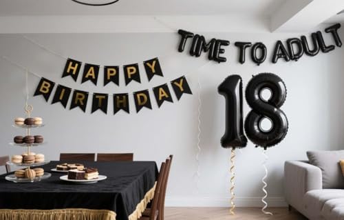 Black 18th Birthday Decorations - Time to Adult Balloons & Banner Set