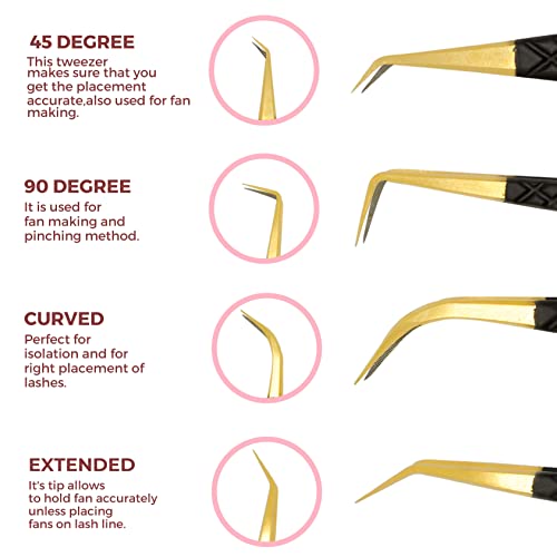 SIVOTE Fiber Tip Lash Tweezers Set of 4 with Black Variation - Diamond Grip Japanese Steel Anti-Rust