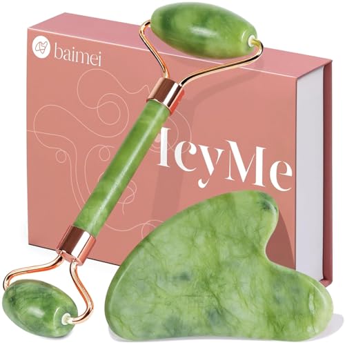 BAIMEI IcyMe Gua Sha & Jade Roller Set, Cooling Face Roller & Guasha Tool for Face Depuffing, Facial Sculpting & Jawline Definition, Smooth Rolling Skincare Tools for Women & Men ? Green