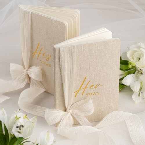 Elegant Wedding Vow Books Set for Bride and Groom - Softcover with Linen Fabric and Ribbon Closure