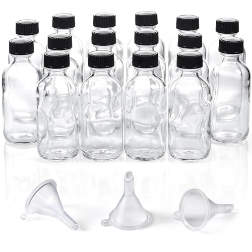 16 Pack 2 oz Clear Glass Bottles with Funnel & Labels