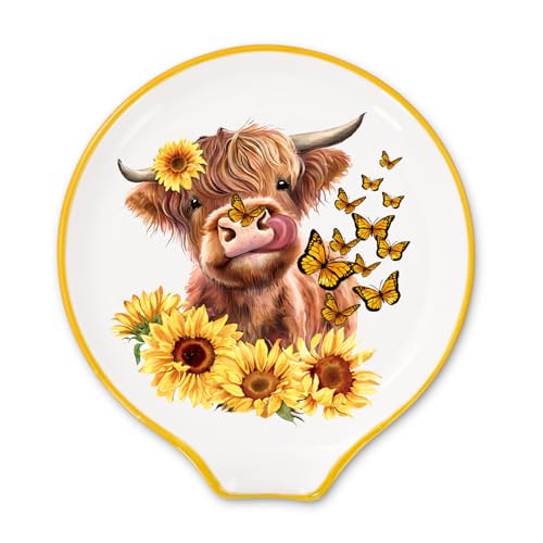 Highland Cow Spoon Rest with Sunflower & Butterfly Design - 4.7in