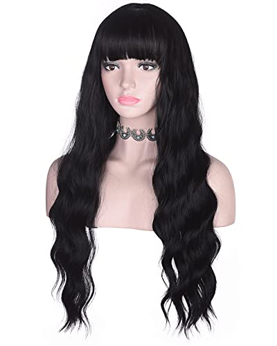 AMZCOS 30-Inch Long Wavy Black Wig with Bangs - Heat Resistant Synthetic