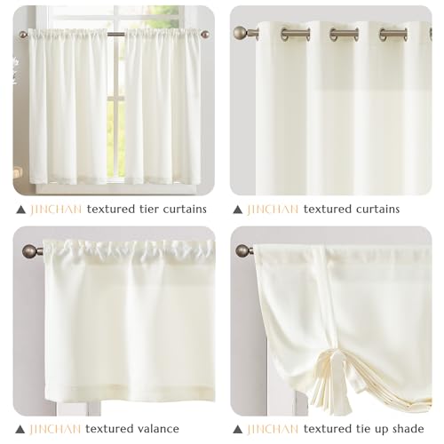 Faux Linen Kitchen Curtains - 36 Inch Farmhouse Tier Drapes, White (2 Panels)
