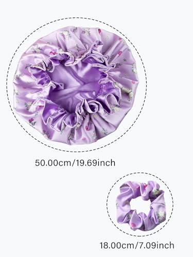 Vettres Purple-Rabbit Satin Sleep Bonnet with Scrunchie Set for Hair Protection