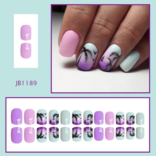 Sevgob Pattern W8 Summer Press On Nails Short Square Tropical Beach Sunset Design Glossy Ombre Blue Purple Reusable Fake Nails