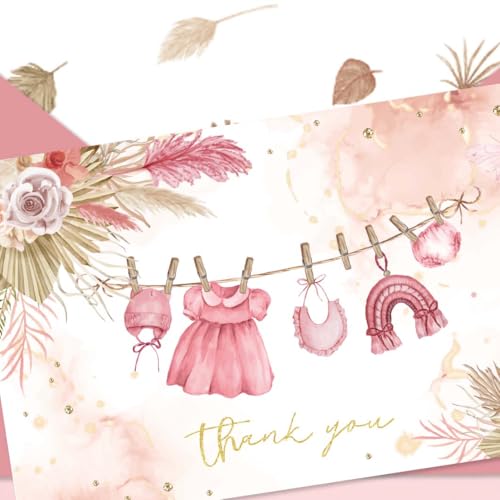 50 Pack Pink Baby Shower Thank You Cards with Envelopes & Stickers
