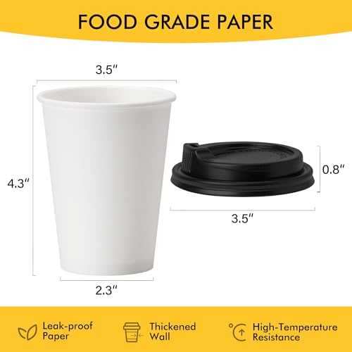 RACETOP 12 oz Disposable Coffee Cups with Lids - 50 Pack, Leak-proof & Eco-Friendly