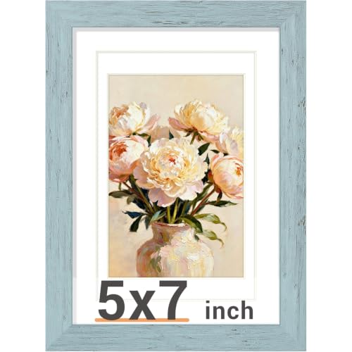 Vittanly Solid Wood 5x7 Picture Frame with Double Mat - Rustic Blue