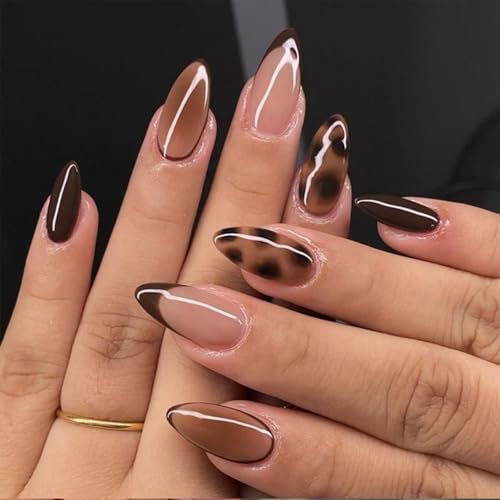 Leopard Print Almond Press-On Nails with Brown French Tips - 24 Pcs