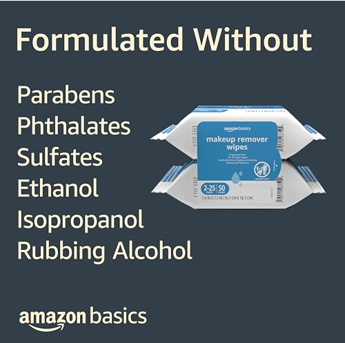 Amazon Basics Fragrance-Free Makeup Remover Wipes, 25 Count (Pack of 2) – Gentle Waterproof Mascara Removal