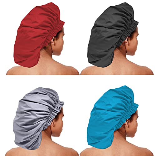 ELEBOX 4-Pack Premium Extra Large Shower Cap Jumbo 15 inch - Waterproof Spa/Braids Bonnets (Black, Blue, Gray, Red)