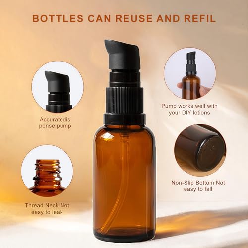 3 Pack 100ml Amber Glass Refillable Lotion Bottles with Pump Dispenser for Travel & Skincare