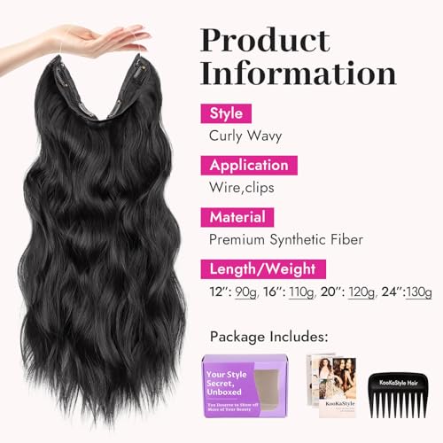 KooKaStyle Invisible Wire Hair Extensions with Transparent Headband Adjustable Size 4 Secure Clips Black Long Wavy Synthetic Hairpiece 20 Inch for Women