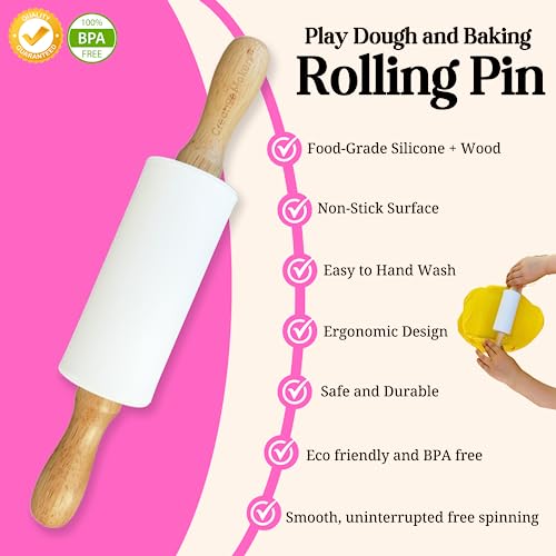 Creative Makers Kids Rolling Pin - 9in Non-Stick Silicone with Wooden Handles for Baking & Play Dough