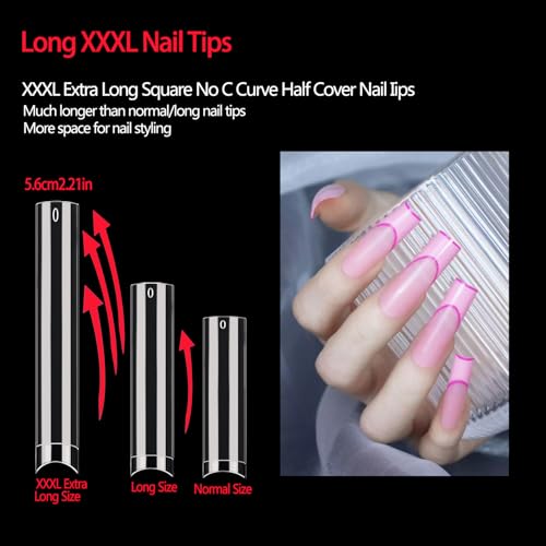 Dudjndjd 504 Pcs No C Curve Square Nail Tips with Box, XXXL Half Cover Clear Nails for Acrylic & Nail Art
