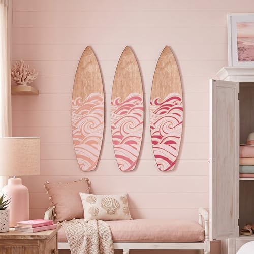 Surfboard Wall Decor Set - 3 Pink Wooden Beach Art Pieces