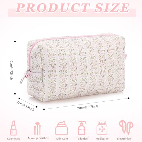 Paterr Quilted Makeup Bag, Pink Floral Cotton Cosmetic Pouch for Travel