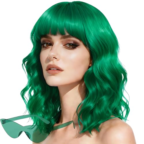 Green Wavy Bob Wig with Bangs and Sunglasses Set - Heat Resistant Synthetic